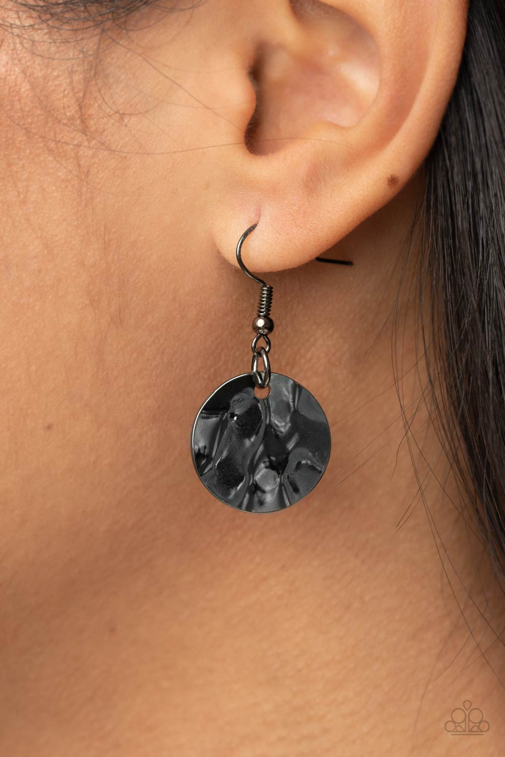 Alluring Luxe - Black Long Leather Necklaces shining wavy gunmetal discs and black leather discs adorn a trio of lengthened subtly shimmering black cords. Rows of dainty gunmetal cylinders are threaded along the bottom of each cord adding luxurious allure to the piece. Features an adjustable clasp closure.