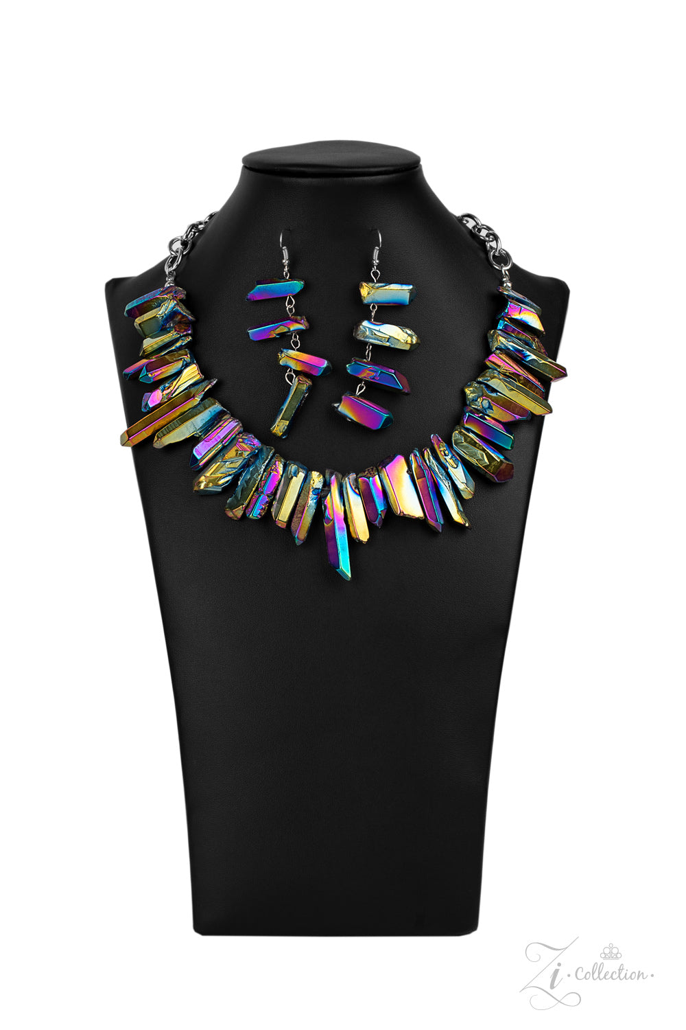 Paparazzi Accessories Charismatic - Zi Collection Necklaces featuring an oil spill iridescence, raw cut pieces of hematite are threaded along an invisible wire below the collar for a colorfully courageous look. Features an adjustable clasp closure.  Sold as one individual necklace. Includes one pair of matching earrings.