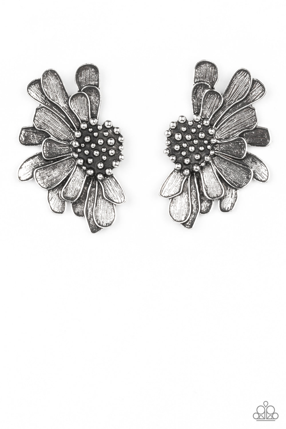 Paparazzi Farmstead Meadow - Silver April Life of the Party Earrings imperfect silver petals bloom from a studded center, layering into a rustic half blossom for a whimsical flair. Earring attaches to a standard post fitting.  Sold as one pair of post earrings.  Life of the Party exclusive item April 2022.