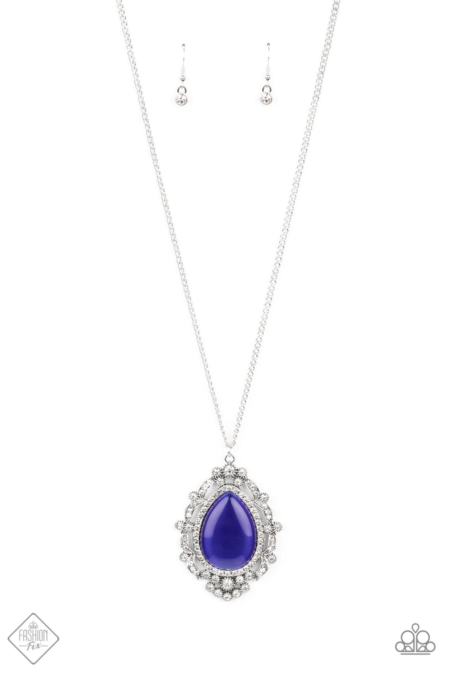 Frozen Gardens - Blue Teardrop Necklaces dotted in glittery white rhinestones, leafy silver frames nestle around a glowing Classic Blue cat's eye teardrop center, creating a regal pendant at the bottom of a lengthened silver chain. Features an adjustable clasp closure. Sold as one individual necklace. Includes one pair of matching earrings.