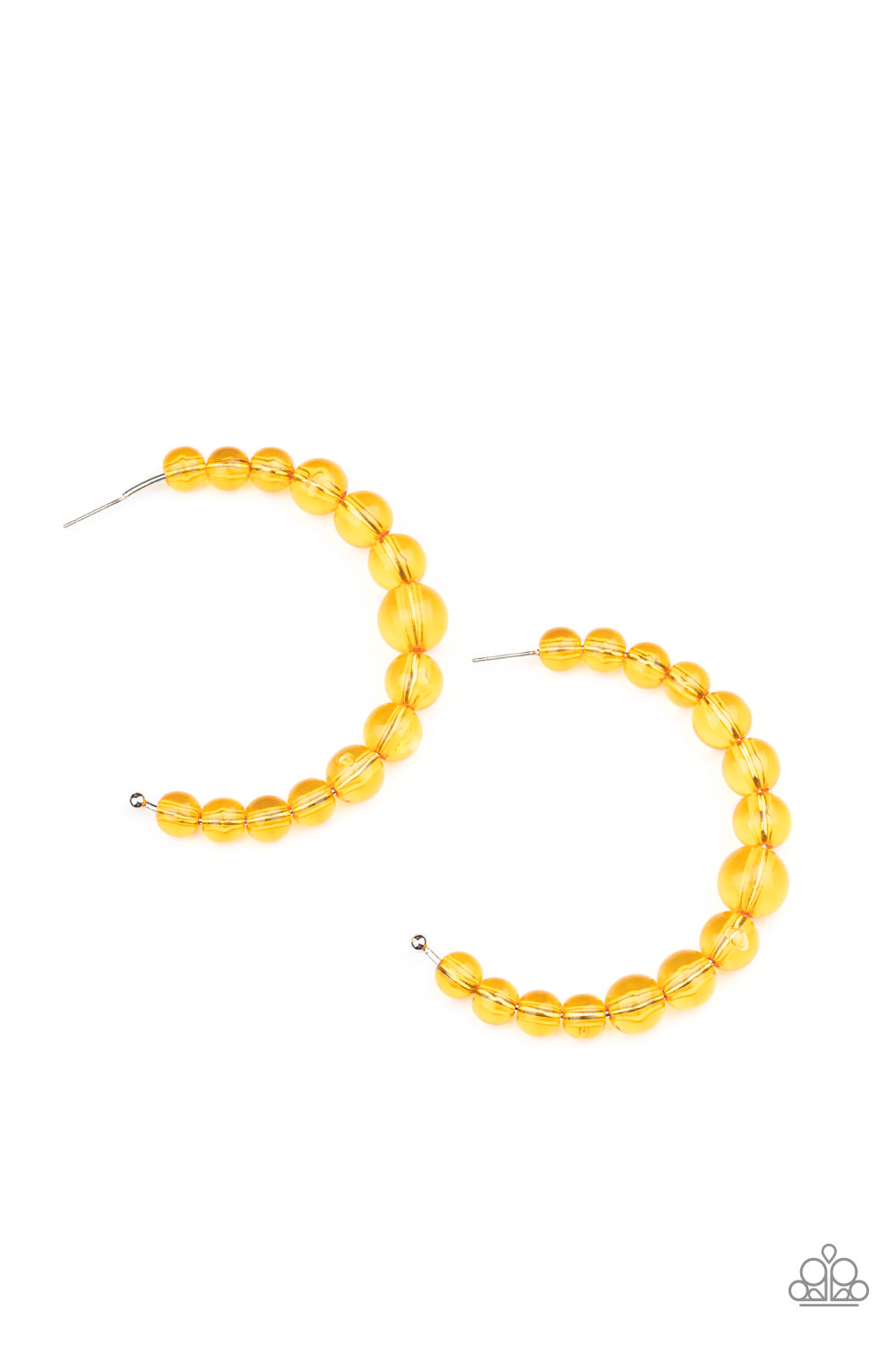 Paparazzi Accessories In the Clear - Orange Hoop Earrings gradually increasing in size at the center, a glassy collection of Marigold beads are threaded along an oversized hoop for a bubbly effect. Earring attaches to a stand post fitting. Hoop measures approximately 2 1/2" in diameter.  Sold as one pair of hoop earrings.  Paparazzi Jewelry is lead and nickel free so it's perfect for sensitive skin too!
