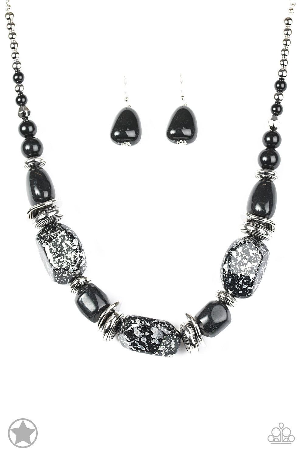 Chunky black beads with speckles of silver and a gorgeous glazed finish are threaded together with thick silver rings and smooth black beads. Features an adjustable clasp closure. Sold as one individual necklace. Includes one pair of matching earrings.  Get The Complete Look! Bracelet: "Glaze of Glory - Black" (sold separately)