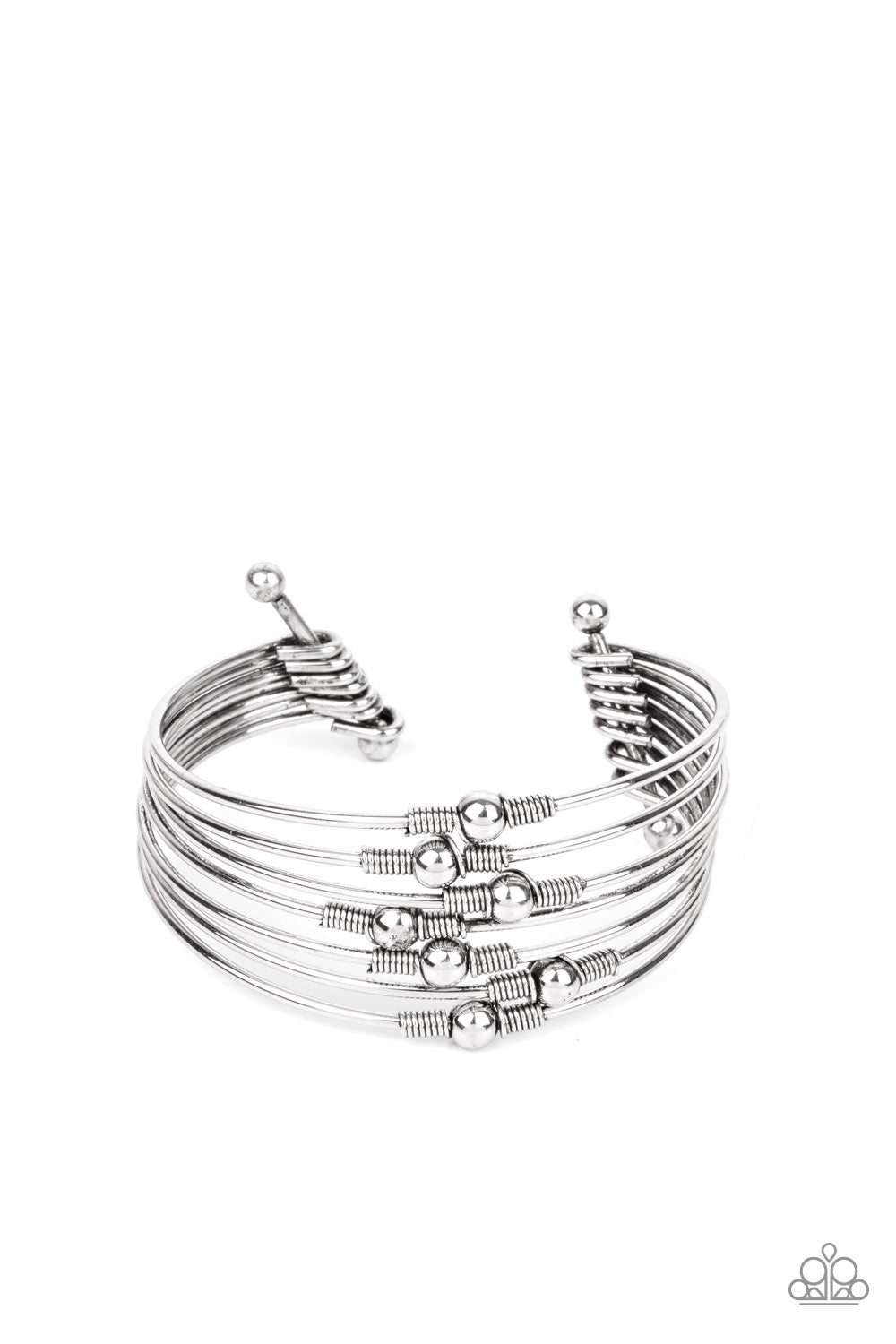 Industrial Intricacies - Silver Cuff Bracelets held in place by silver wire fittings, classic silver beads haphazardly dot dainty silver bars that connect into a layered cuff around the wrist. Sold as one individual bracelet.