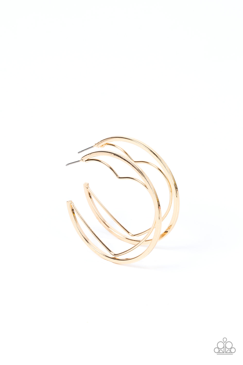 Love Goes Around - Gold Heart Hoop Earrings a gold wire heart is encircled in an oversized gold hoop, resulting in a heart-stopping shimmer. Earring attaches to a standard post fitting. Hoop measures approximately 2" in diameter.  Sold as one pair of hoop earrings.