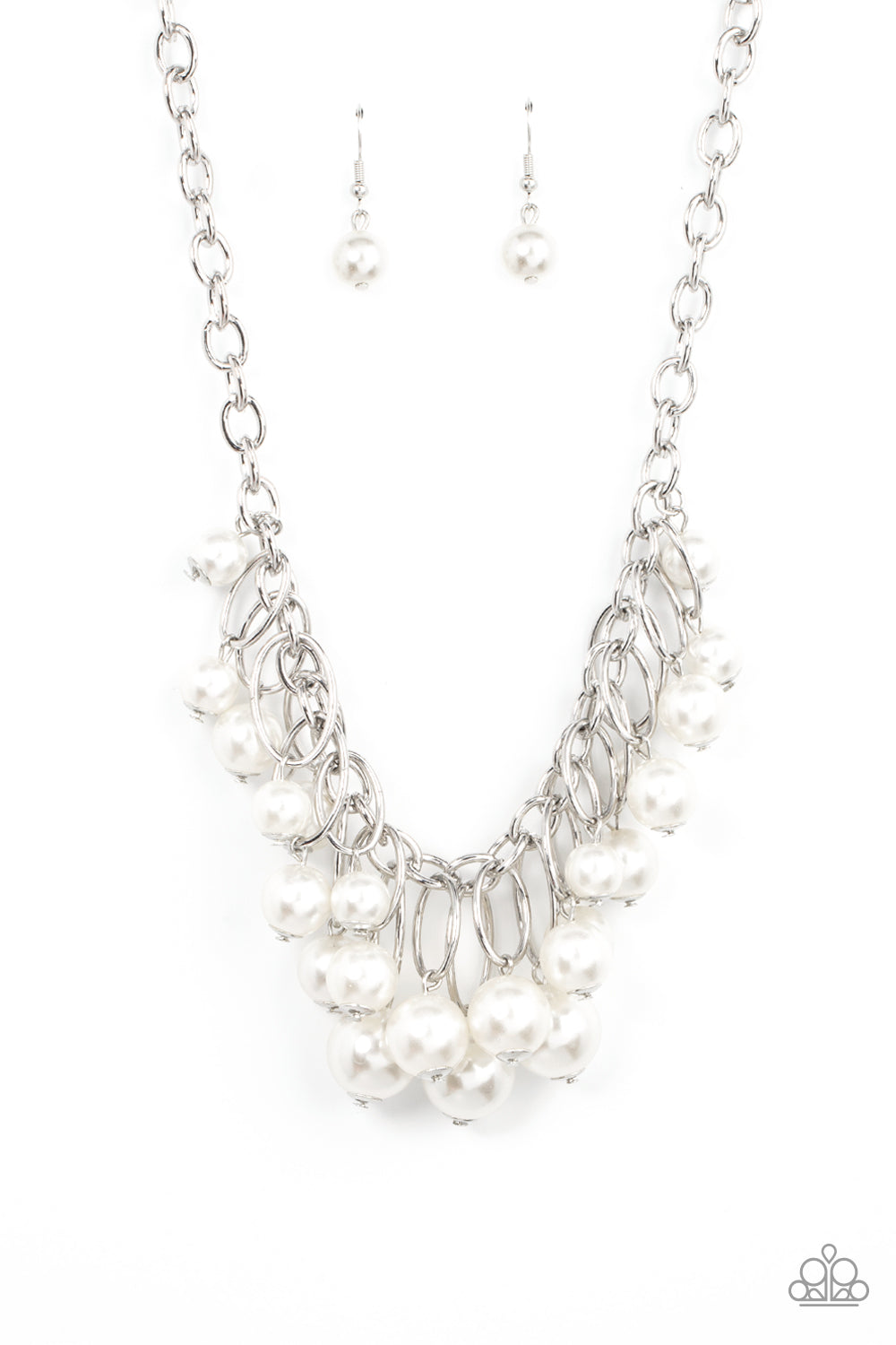Powerhouse Pose - White Pearl Life of the Party Necklaces oversized white pearls dance from the bottoms of shiny silver ovals that delicately cluster along a chunky silver chain, resulting in a luxurious fringe below the collar. Features an adjustable clasp closure. Sold as one individual necklace. Includes one pair of matching earrings.