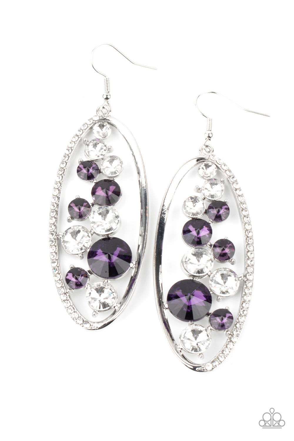 Rock Candy Bubbly - Purple Rhinestone Necklaces - Paparazzi Accessories oversized collection of glassy white and glittery purple rhinestones sparkle inside a silver oval frame. One side of the frame is encrusted in dainty white rhinestones, adding a refined flair to the bubbly lure. Earring attaches to a standard fishhook fitting. Sold as one pair of earrings.