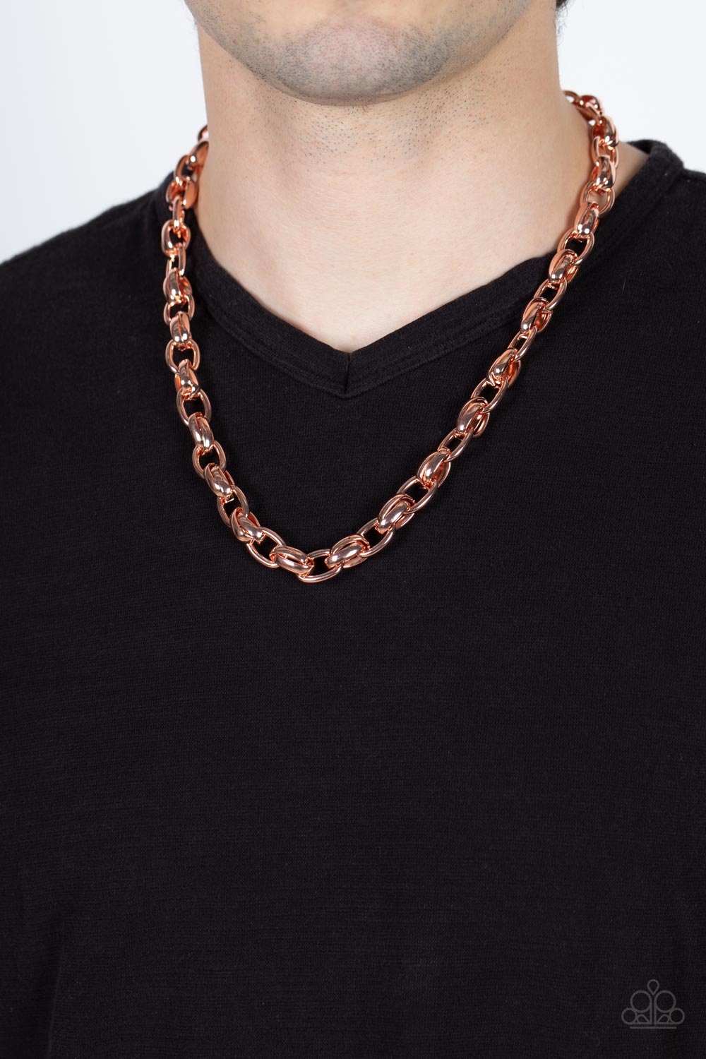 Rookie of the Year - Copper Link Necklaces a chunky collection of bold shiny copper links interlock across the chest, creating an intense industrial centerpiece. Features an adjustable clasp closure. Sold as one individual necklace.