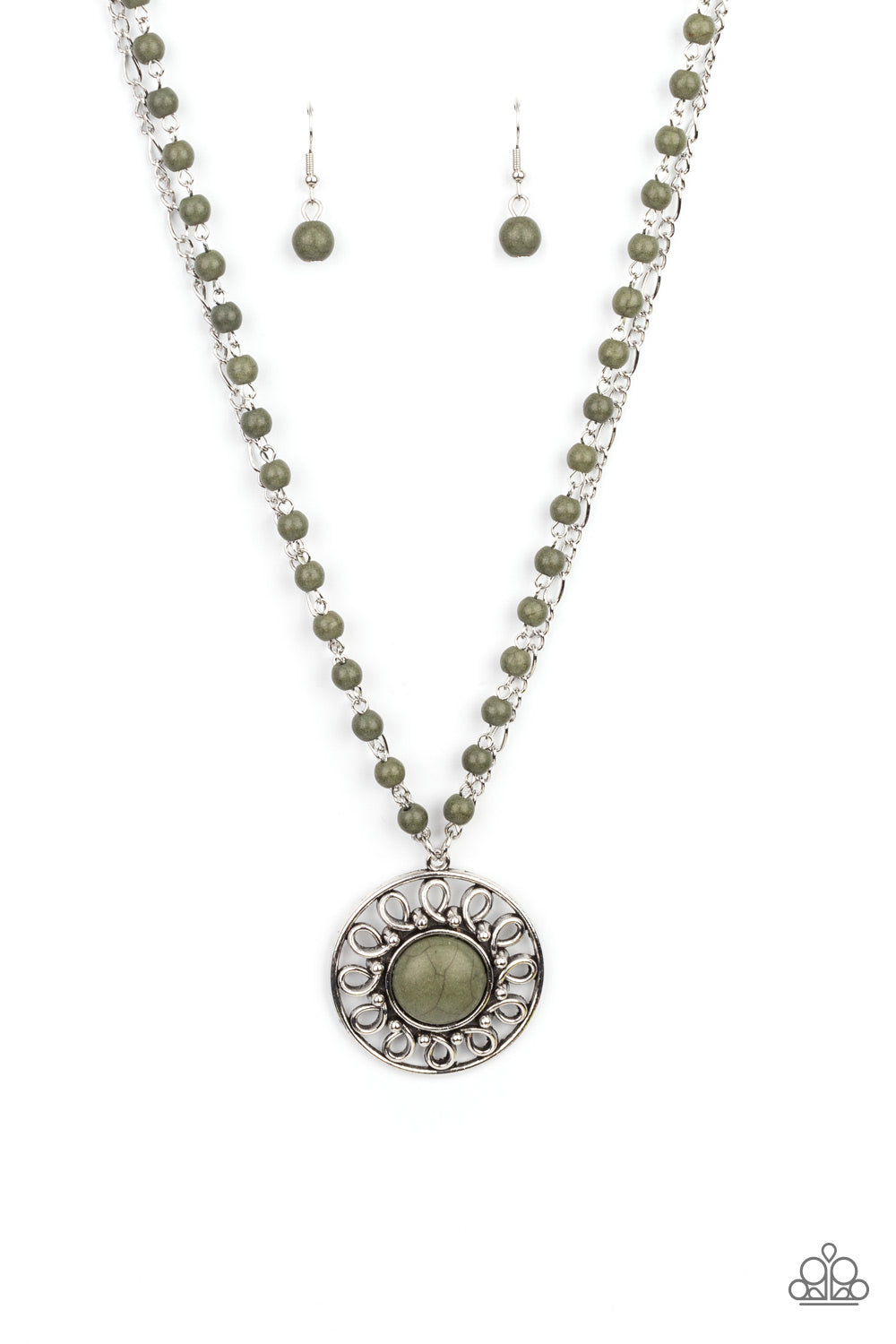 Paparazzi Accessories Sahara Suburb - Green Necklaces dainty silver chain is paired with a grounding green stone beaded chain below the collar. An oversized green stone adorns the center of an antiqued silver frame radiating with silver studded and wire-like detail, creating an authentic artisan inspired pendant at the bottom of the earthy chains. Features an adjustable clasp closure.