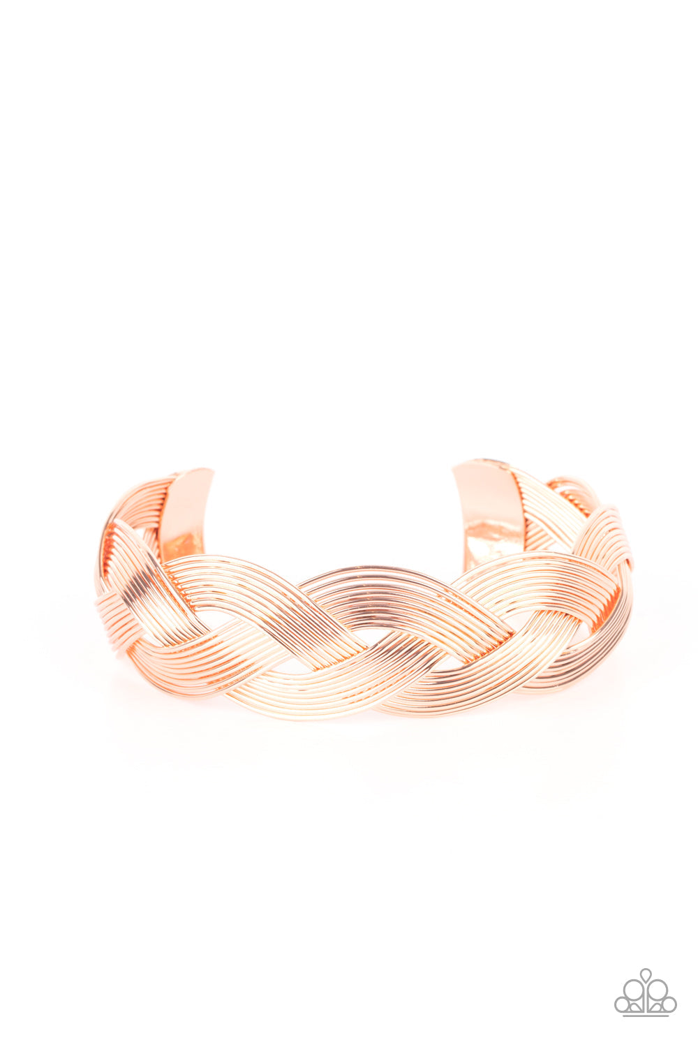 Woven Wonder - Copper Cuff Bracelets attached to two shiny copper fittings, rows of dainty shiny copper wire weave around the wrist, creating a boldly braided cuff. Sold as one individual bracelet.