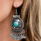 Paparazzi Accessories - Rural Rhythm - Blue Earrings a&nbsp;polished turquoise stone is pressed into the center of a silver frame stamped in seasonal floral patterns. Textured silver discs dangle from the bottom of the frame, creating a whimsical fringe. Earring attaches to a standard fishhook fitting.  Sold as one pair of earrings.