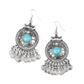 Paparazzi Accessories - Rural Rhythm - Blue Earrings a&nbsp;polished turquoise stone is pressed into the center of a silver frame stamped in seasonal floral patterns. Textured silver discs dangle from the bottom of the frame, creating a whimsical fringe. Earring attaches to a standard fishhook fitting.  Sold as one pair of earrings.