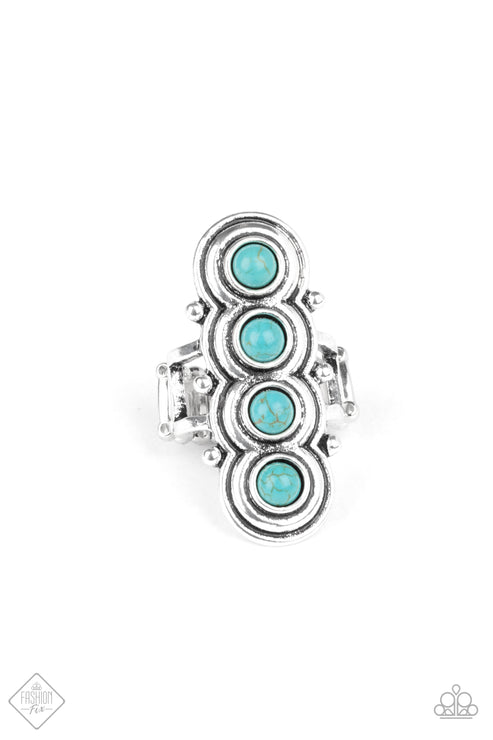 Radiating with antiqued circular frames, a row of dainty turquoise stones climb the finger dramatically for a statement-making finish. Features a stretchy band for a flexible fit.  Sold as one individual ring.