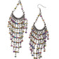 Paparazzi Accessories - Metro Confetti - Multi Earrings Oil spill rhinestone beaded tassels cascade from the bottom of a bowing gunmetal bar, creating an ethereal tapered fringe. Earring attaches to a standard fishhook fitting. Due to its prismatic palette, color may vary.  Sold as one pair of earrings.