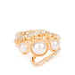 A golden ribbon of&nbsp;white&nbsp;rhinestones whirls around and behind a single band of three bubbly white pearls, coalescing into a timeless twinkle atop the finger. Features a dainty stretchy band for a flexible fit.  Fiercely 5th Avenue August 2021