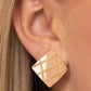 Paparazzi Accessories - Plaid and Simple - Gold Clip-On Earrings a curving gold square is embossed in a slanted plaid-like pattern, creating a tactile frame. Earring attaches to a standard clip-on fitting.  Sold as one pair of clip-on earrings.
