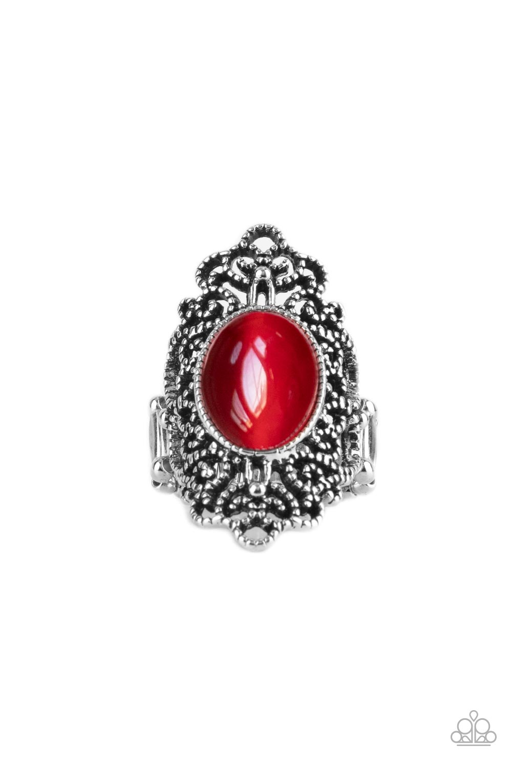 Paparazzi Accessories - Once Upon a Meadow - Red Rings oval Fire Whirl cat's eye stone is pressed into the center of a backdrop of studded vine-like filigree, creating an enchanting centerpiece atop the finger. Features a stretchy band for a flexible fit.  Sold as one individual ring.