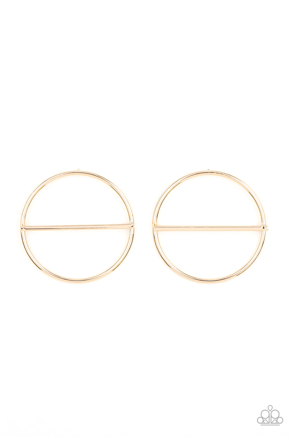 Paparazzi Accessories - Dynamic Diameter - Gold Earrings a glistening gold bar runs horizontally across the center of an oversized gold hoop, adding a timeless twist to the classic display. Earring attaches to a standard post fitting.  Sold as one pair of post earrings.