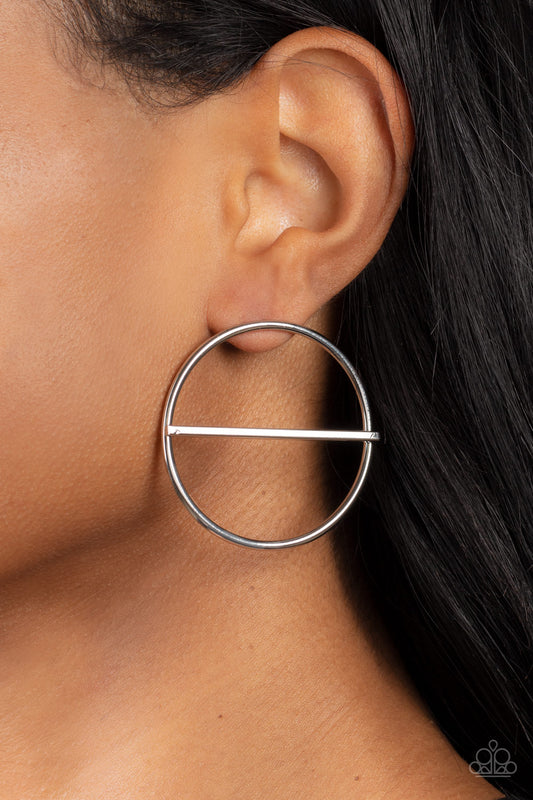 Paparazzi Accessories - Dynamic Diameter - Silver Earrings a glistening silver bar runs horizontally across the center of an oversized silver hoop, adding a timeless twist to the classic display. Earring attaches to a standard post fitting.  Sold as one pair of post earrings.
