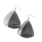 Paparazzi Accessories - In and OUTBACK - Silver Earrings yhe center of an Ultimate Gray leather frame is spliced into airy rows as it delicately folds into an edgy triangular frame, creating a seasonal fashion. Earring attaches to a standard fishhook fitting. Sold as one pair of earrings.