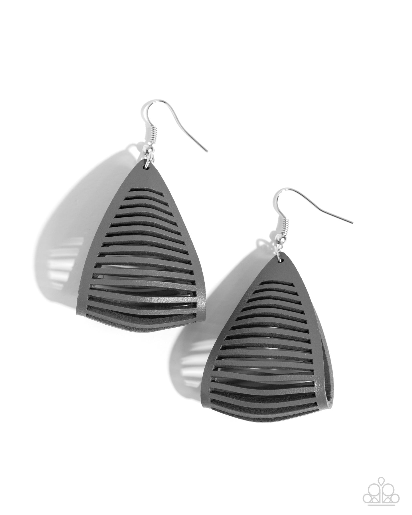 Paparazzi Accessories - In and OUTBACK - Silver Earrings yhe center of an Ultimate Gray leather frame is spliced into airy rows as it delicately folds into an edgy triangular frame, creating a seasonal fashion. Earring attaches to a standard fishhook fitting. Sold as one pair of earrings.