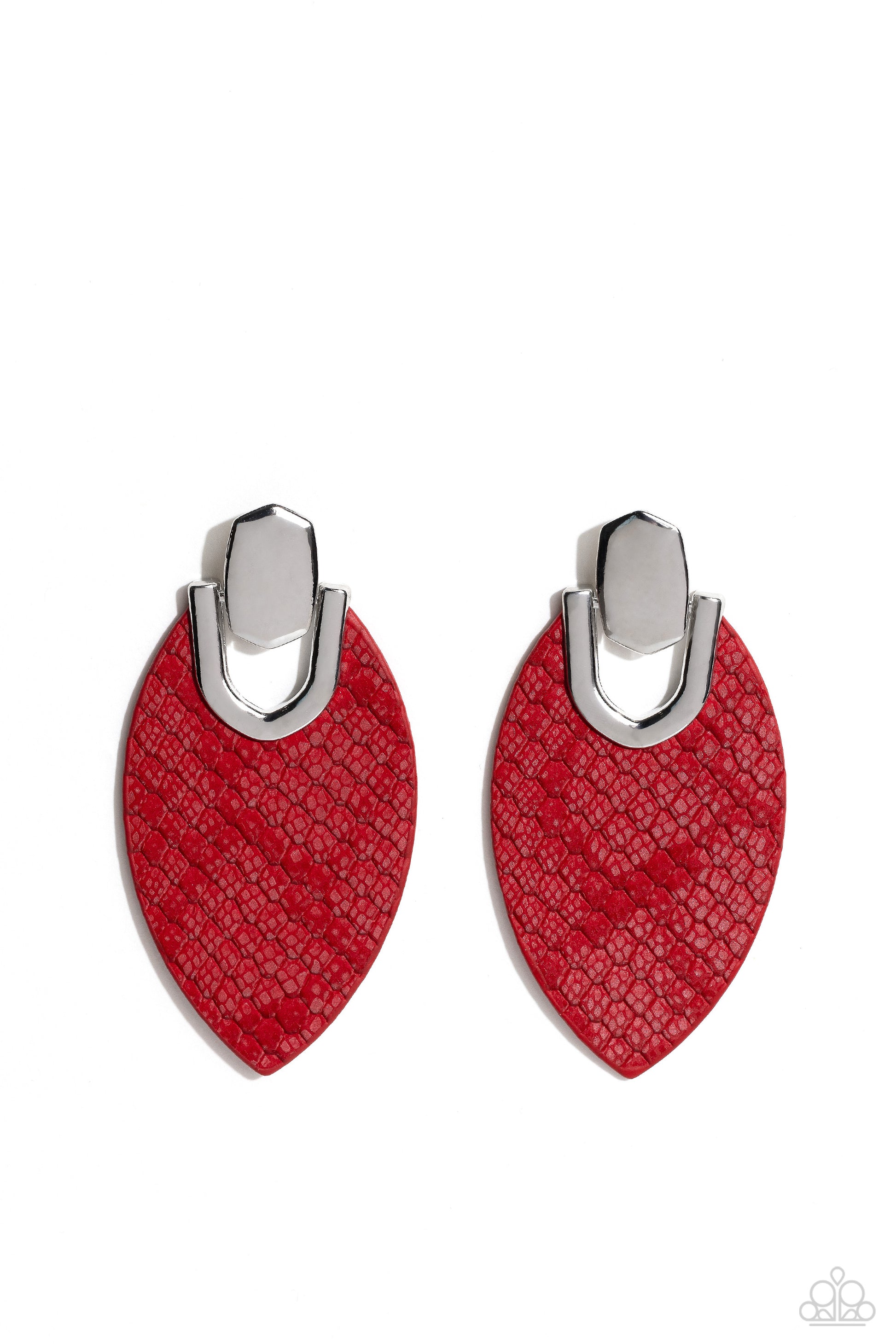Paparazzi Accessories - Wildly Workable - Red Earrings featuring python-like texture, an oval Fire Whirl leather frame attaches to a bold silver fitting, creating a wild lure. Earring attaches to a standard post fitting.  Sold as one pair of post earrings.