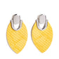 Paparazzi Accessories - Wildly Workable - Yellow Earring featuring python-like texture, an oval yellow leather frame attaches to a bold silver fitting, creating a wild lure. Earring attaches to a standard post fitting.  Sold as one pair of post earrings.