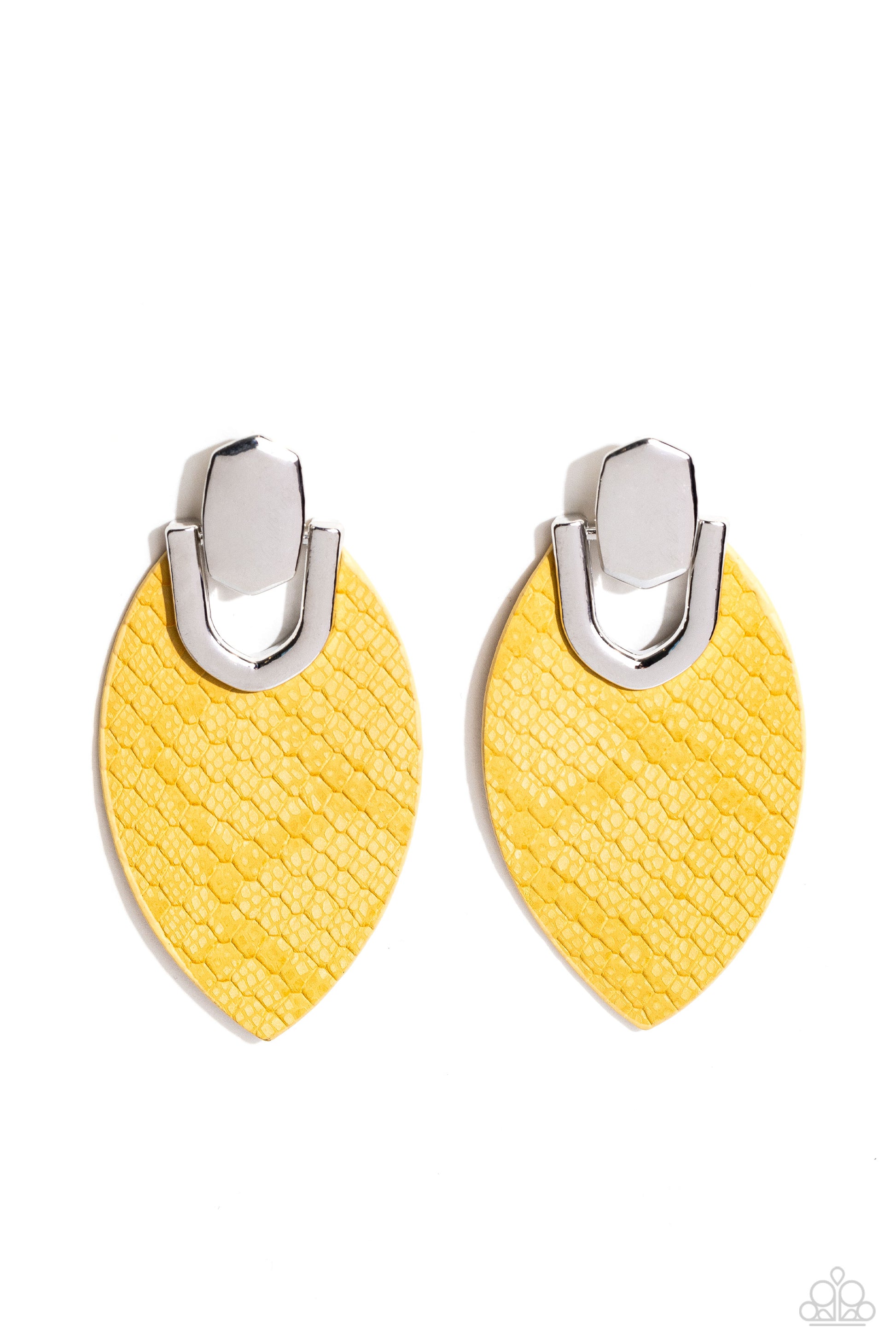 Paparazzi Accessories - Wildly Workable - Yellow Earring featuring python-like texture, an oval yellow leather frame attaches to a bold silver fitting, creating a wild lure. Earring attaches to a standard post fitting.  Sold as one pair of post earrings.
