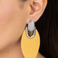 Paparazzi Accessories - Wildly Workable - Yellow Earring featuring python-like texture, an oval yellow leather frame attaches to a bold silver fitting, creating a wild lure. Earring attaches to a standard post fitting.  Sold as one pair of post earrings.