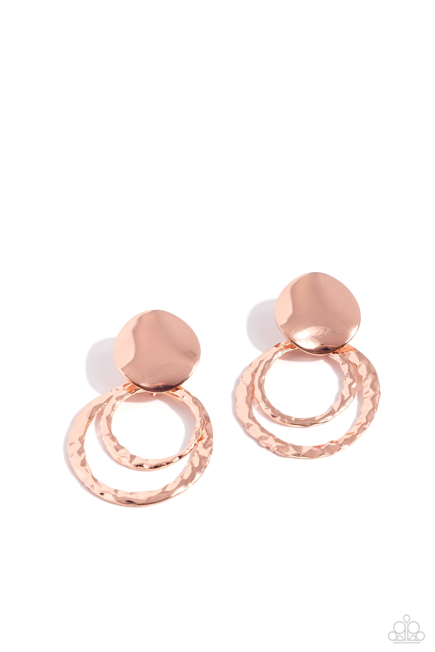 Paparazzi Accessories - Ancient Arts - Copper Earrings two hammered shiny copper circles swing from a wavy shiny copper disc, creating a captivating lure. Earring attaches to a standard post fitting.  Sold as one pair of post earrings.