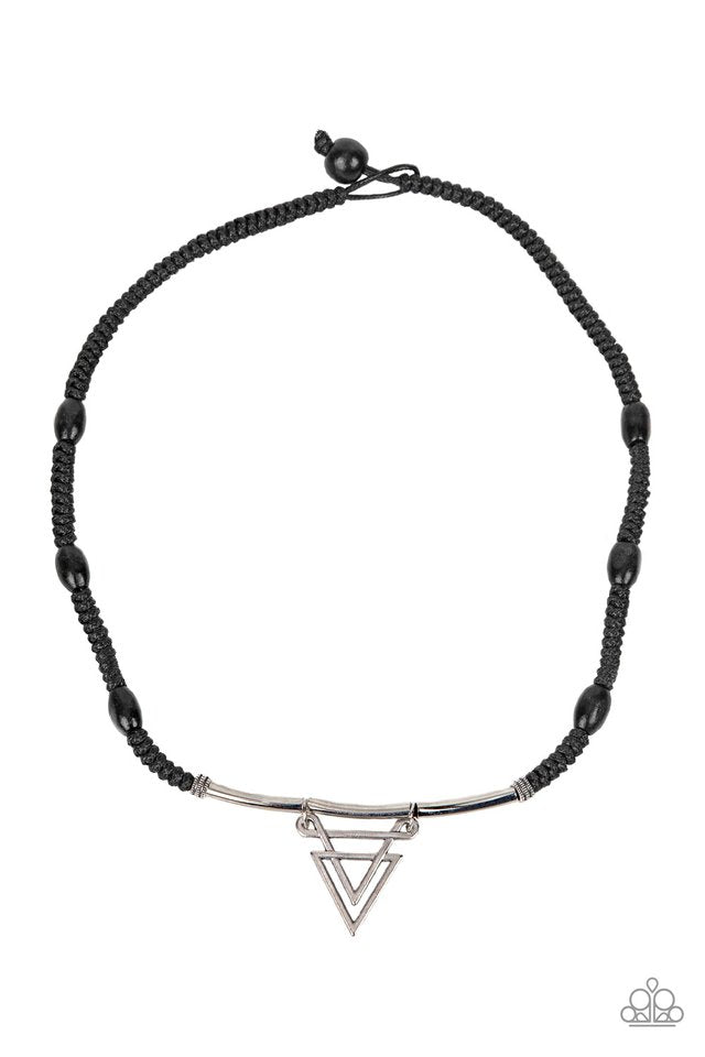 Black wooden beads are knotted in place along a braided black cord below the collar. Infused with silver rod-like beads, an ornately stacked silver triangular pendant swings from the center for a sharp finish. Features a button loop closure.  Sold as one individual necklace.