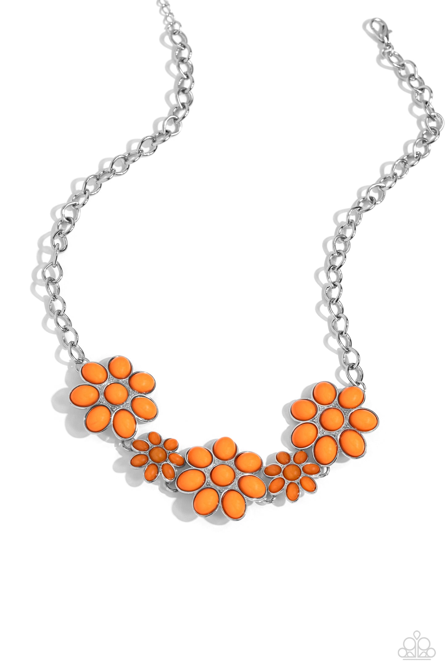 Paparazzi Accessories - Flamboyantly Flowering - Orange Necklaces flirtatious collection of orange dotted floral frames alternate with dainty opaque orange flowers below the collar, creating a vivacious pop of color. Features an adjustable clasp closure.  Sold as one individual necklace. Includes one pair of matching earrings.