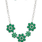 Paparazzi Accessories - Flamboyantly Flowering - Green Necklaces flirtatious collection of Leprechaun dotted floral frames alternate with dainty opaque Leprechaun flowers below the collar, creating a verdant pop of color. Features an adjustable clasp closure.  Sold as one individual necklace. Includes one pair of matching earrings.