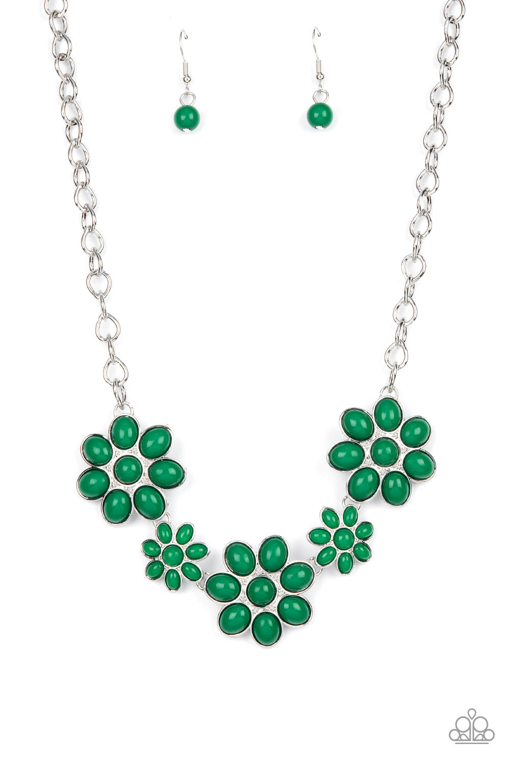 Paparazzi Accessories - Flamboyantly Flowering - Green Necklaces flirtatious collection of Leprechaun dotted floral frames alternate with dainty opaque Leprechaun flowers below the collar, creating a verdant pop of color. Features an adjustable clasp closure.  Sold as one individual necklace. Includes one pair of matching earrings.