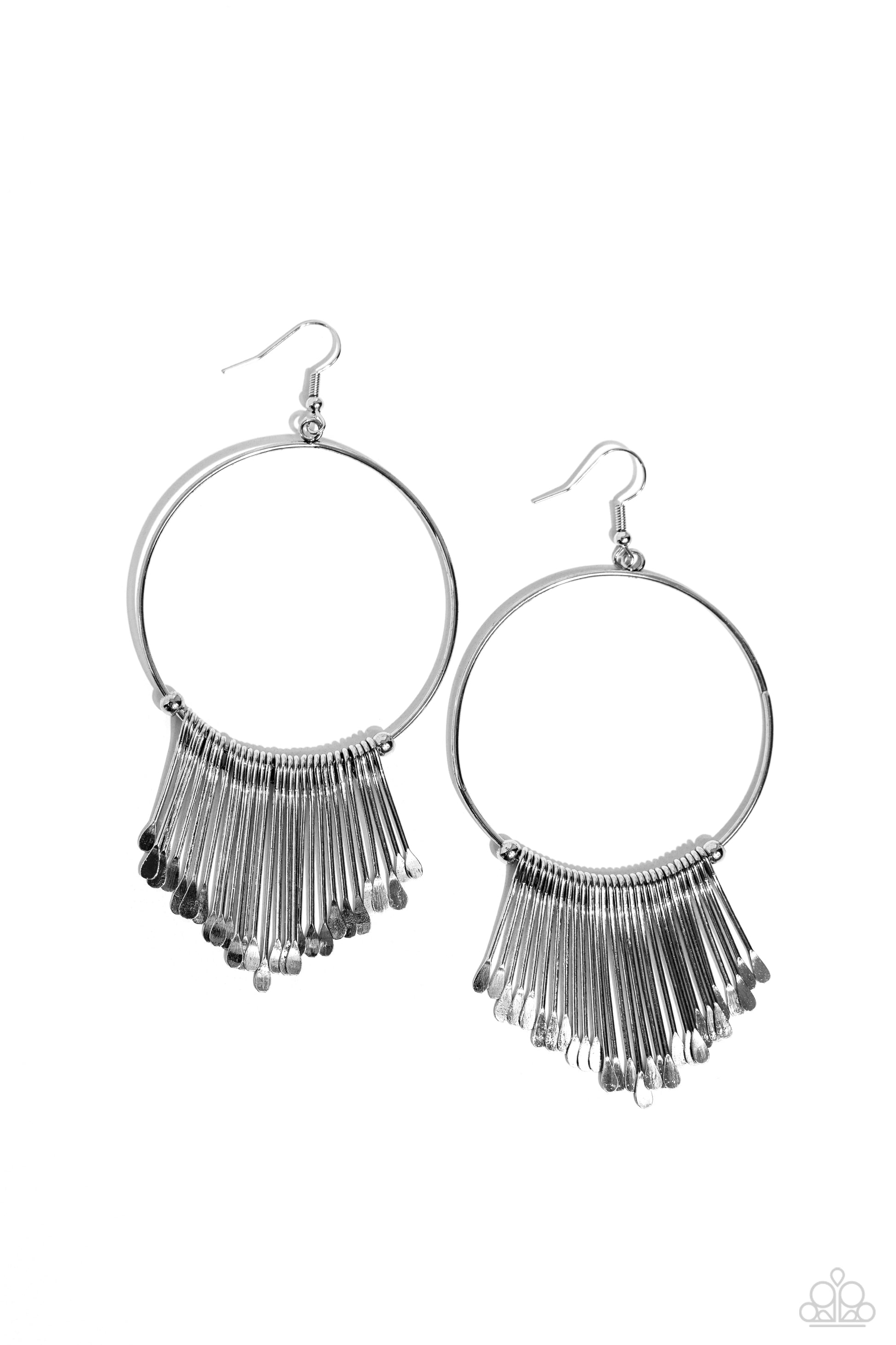 Paparazzi Accessories - The Little Dipper - Silver Earrings a glistening collection of flat silver ladle-like rods swings from the bottom of a silver wire hoop, resulting in an edgy fringe. Earring attaches to a standard fishhook fitting.  Sold as one pair of earrings.