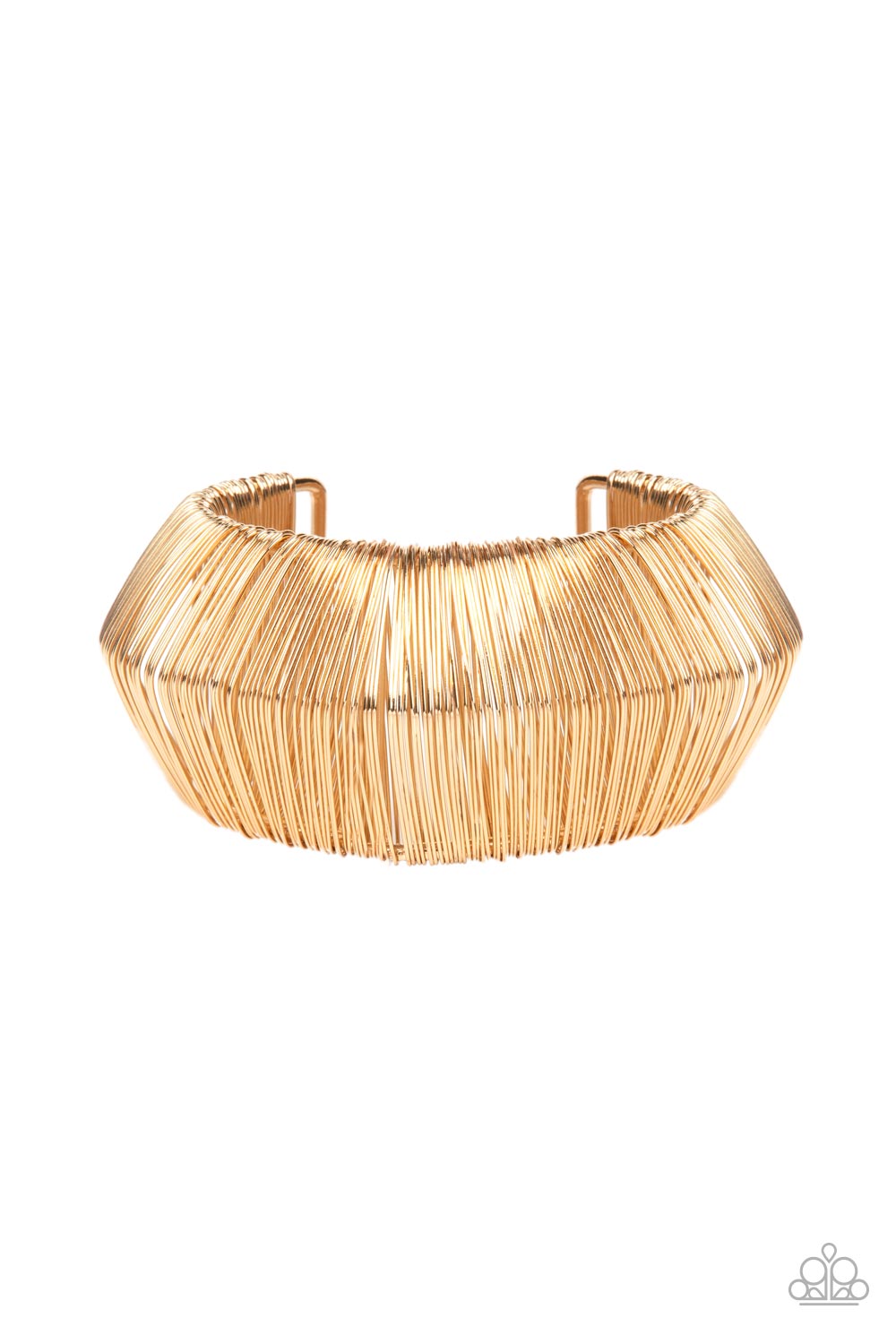 Paparazzi Accessories - Wild About Wire - Gold Bracelets layer after layer of glistening gold wire wraps around an oversized gold cuff. The center of the wire wrap comes to a peak, adding edge to the intense industrial display.  Sold as one individual bracelet.