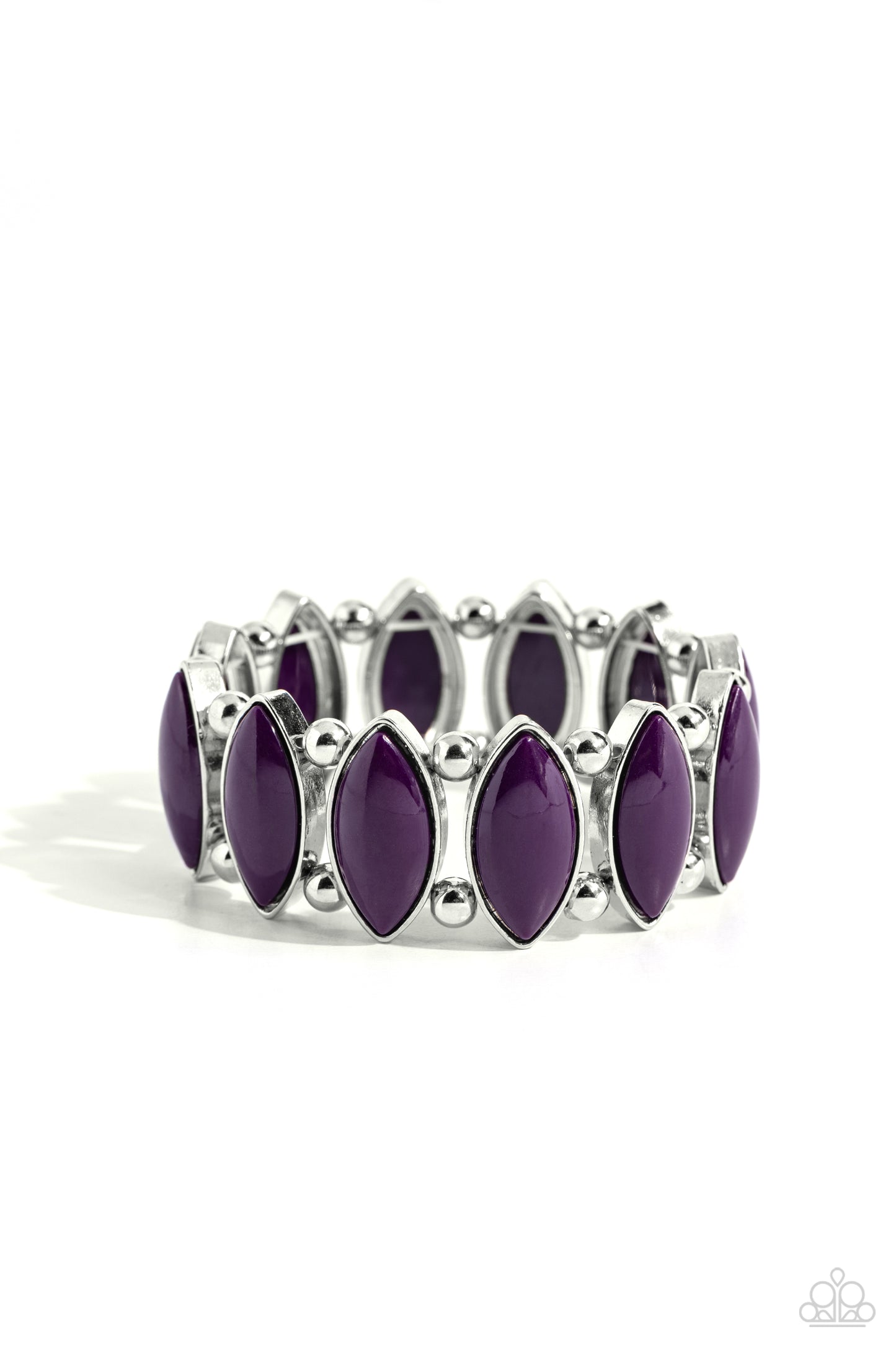 Paparazzi Accessories - Cry Me a Rivera - Purple Bracelframencased in sleek silver frames, oversized plum beaded frames alternate with pairs of classic silver beads along stretchy bands around the wrist for a vivacious pop of color.  Sold as one individual bracelet.