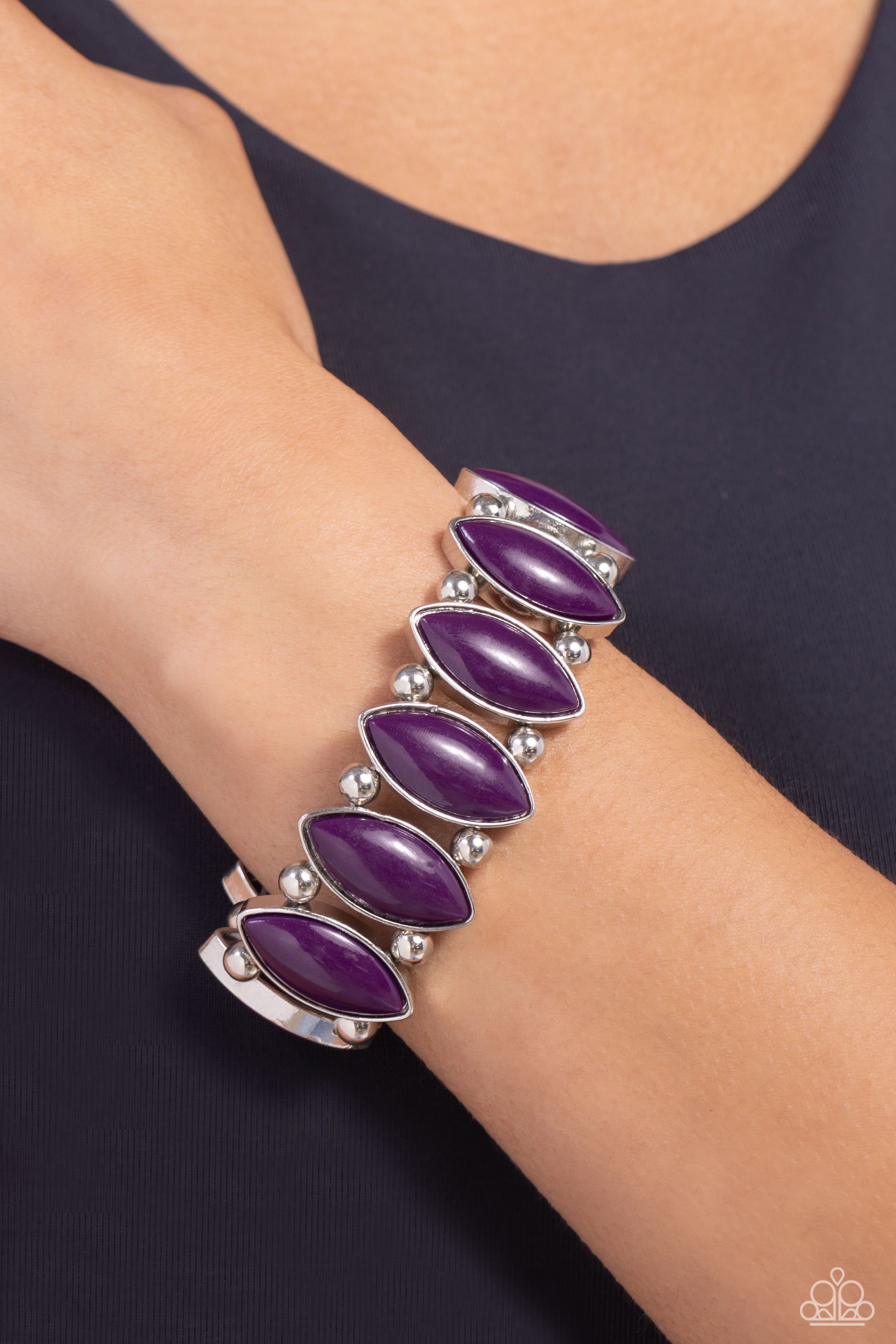 Paparazzi Accessories - Cry Me a Rivera - Purple Bracelframencased in sleek silver frames, oversized plum beaded frames alternate with pairs of classic silver beads along stretchy bands around the wrist for a vivacious pop of color.  Sold as one individual bracelet.