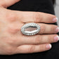 Paparazzi Accessories - Believe in Bling - White Ring bordered by a glitzy ring of white rhinestones, an oblong white gem embellishes the center of a dramatically oversized silver frame for a blinding finish. Features a stretchy band for a flexible fit.  Sold as one individual ring.