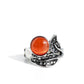 Paparazzi Accessories - Cats Eye Candy - Orange Rings hematite rhinestone encrusted silver leaf frames delicately gather around a dreamy orange cat's eye stone, resulting in an ethereal centerpiece atop the finger. Features a dainty stretchy band for a flexible fit.  Featured inside The Preview at Made for More!  Sold as one individual ring.