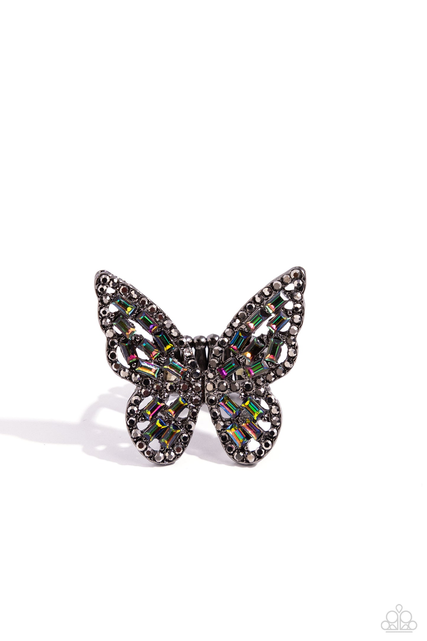 Paparazzi Accessories - Flauntable Flutter - Multi Rings dainty oil spill emerald-cut rhinestones are sprinkled across the gunmetal wings of a butterfly that is encrusted in dauntless hematite rhinestones for a dramatically dazzling finish. Features a stretchy band for a flexible fit.  Sold as one individual ring.