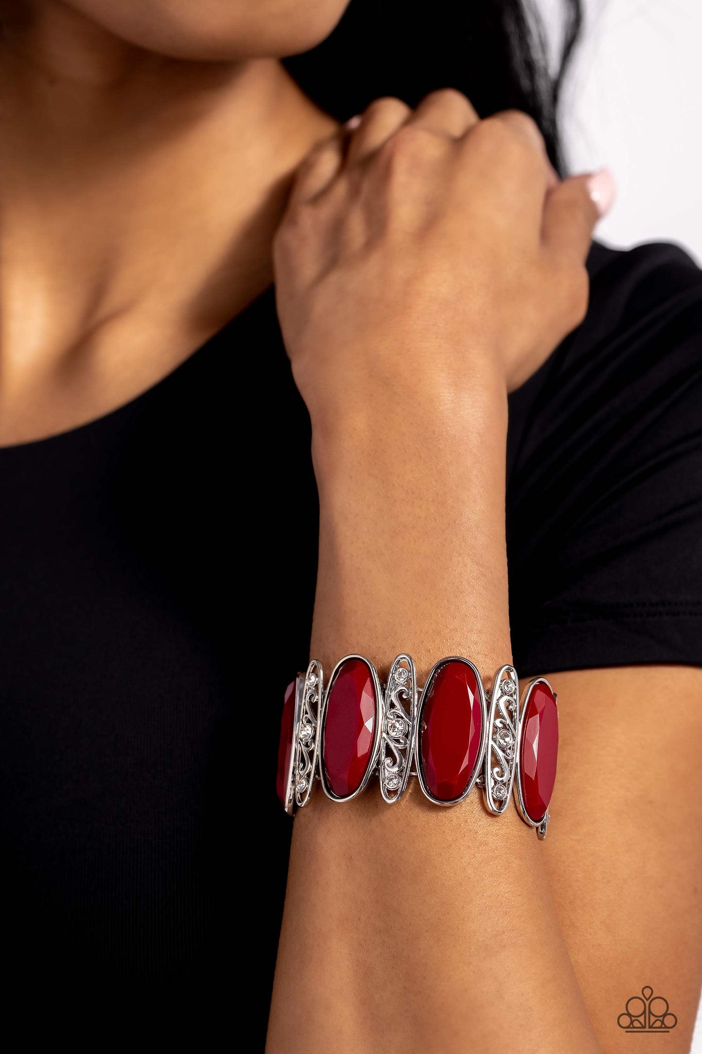 Paparazzi Accessories - Saturated Sparkle - Red Bracelets filled with vine-like filigree, white rhinestone dotted silver frames alternate with oversized and faceted wine beads along a stretchy band around the wrist for a hearty pop of color.  Featured inside The Preview at Made for More!  Sold as one individual bracelet.