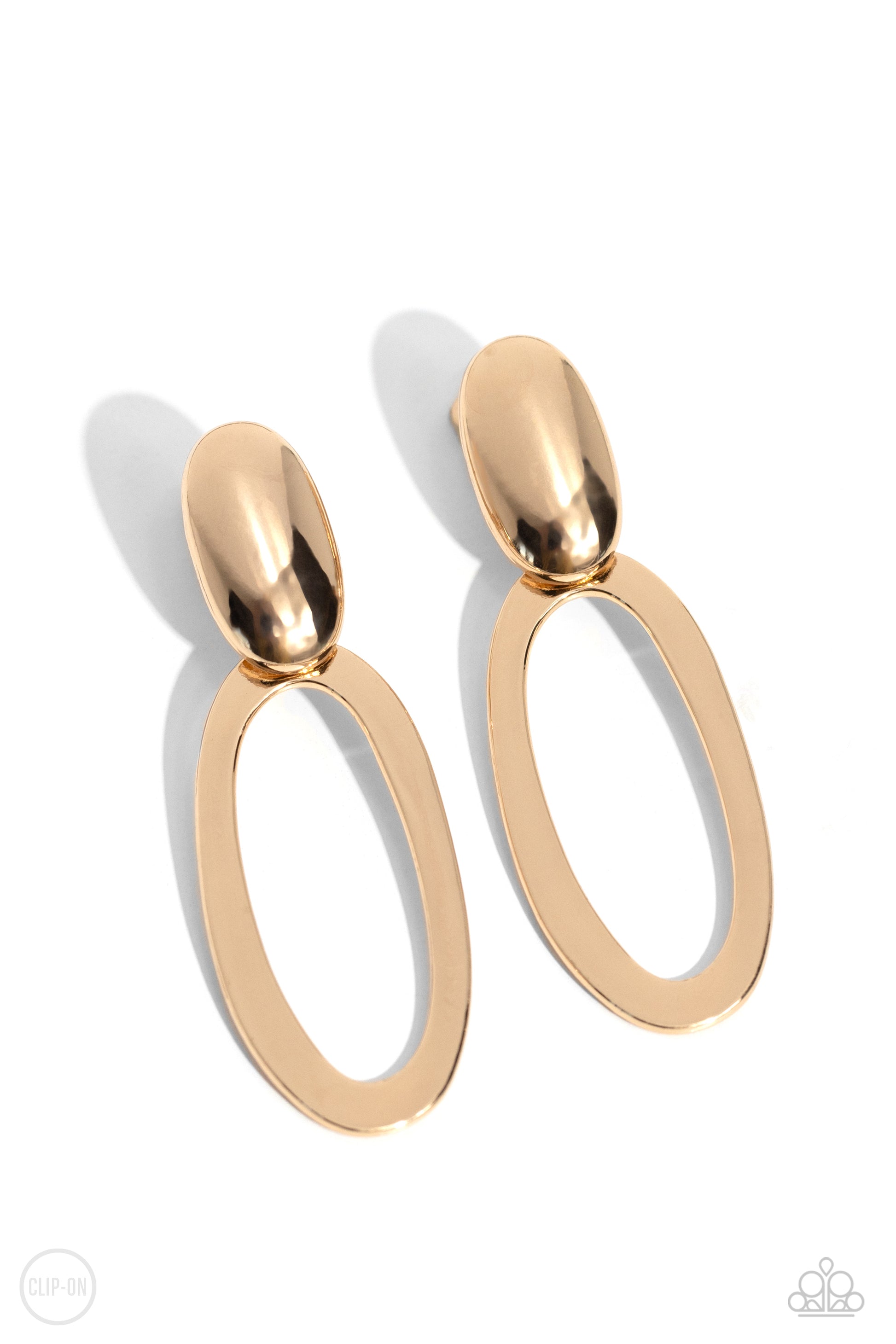 <p data-mce-fragment="1">Paparazzi Accessories - Pull OVAL! - Gold Clip-On Earrings asymmetrical gold oval hinges from the bottom of a spherical gold oval fitting, resulting in a radiant lure. Earring attaches to a standard clip-on fitting.</p> <p data-mce-fragment="1"><i data-mce-fragment="1">Sold as one pair of clip-on earrings.</i></p>