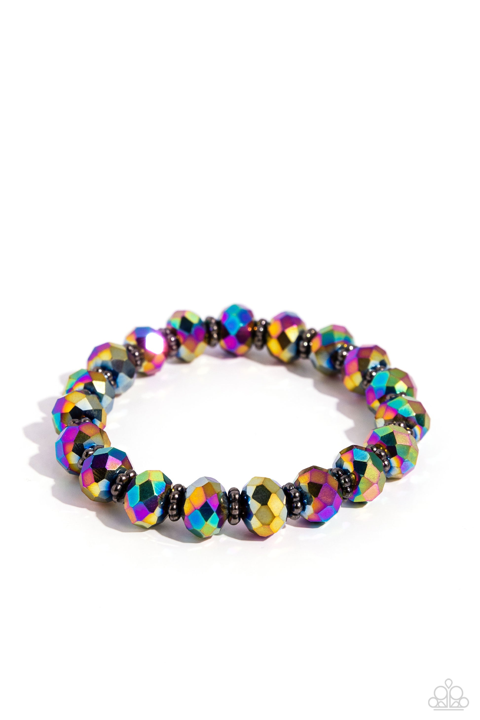 Paparazzi Accessories - Shimmering Satisfaction - Multi Bracelets fipped in metallic shimmer, glittery oil spill crystal-like beads and studded gunmetal rings are threaded along a stretchy band around the wrist for a stellar fashion.  Sold as one individual bracelet.
