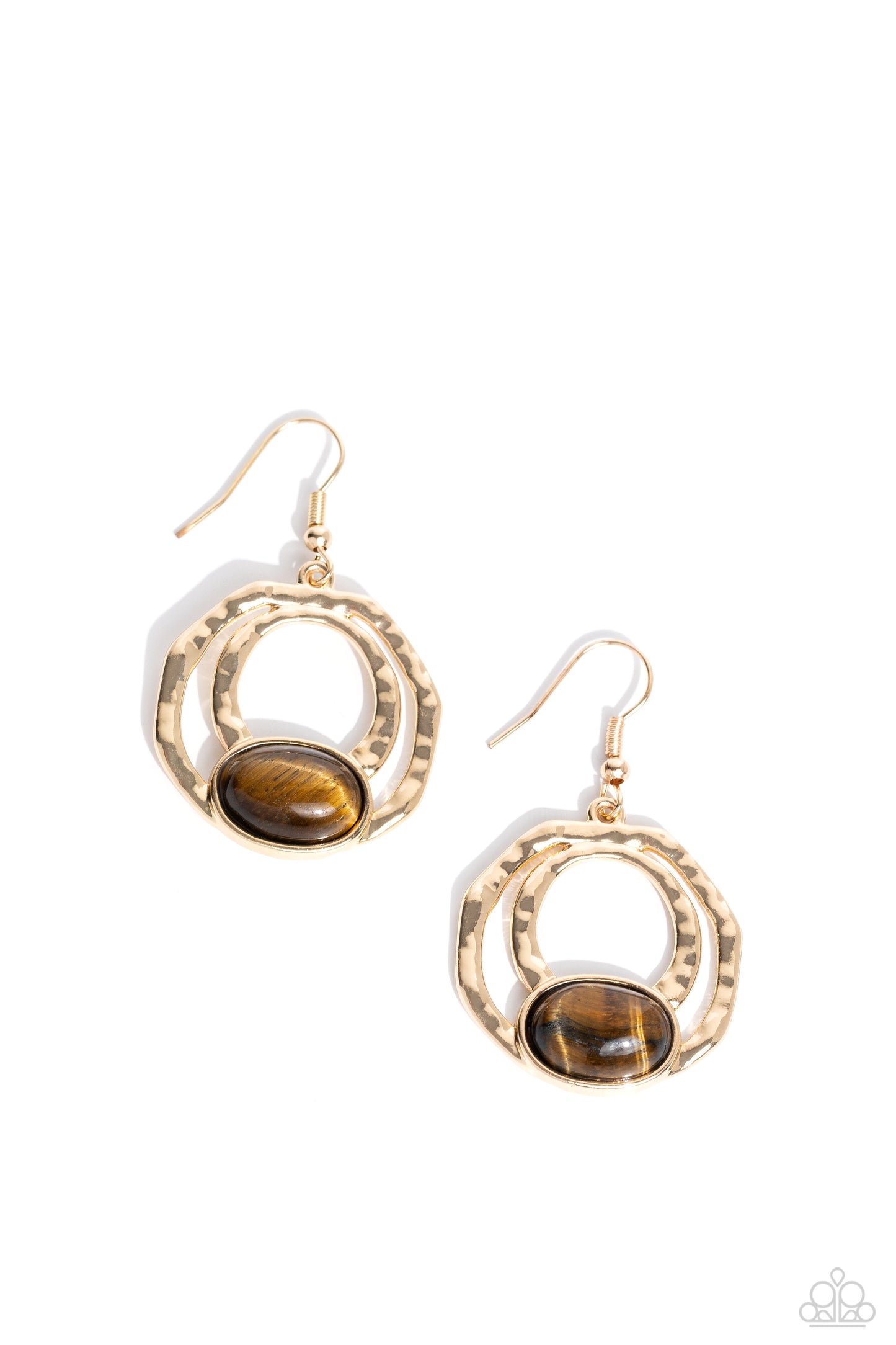 Paparazzi Accessories - Terestrial Retreat - Brown Earrings an oval tiger's eye stone is pressed into the bottom of a layered geometric gold frame radiating with hammered texture, resulting in an earthy and edgy trinket. Earring attaches to a standard fishhook fitting.