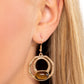 Paparazzi Accessories - Terestrial Retreat - Brown Earrings an oval tiger's eye stone is pressed into the bottom of a layered geometric gold frame radiating with hammered texture, resulting in an earthy and edgy trinket. Earring attaches to a standard fishhook fitting.