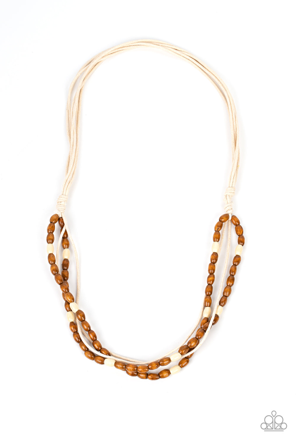 Paparazzi Accessories - Summer Odyssey - White Wood Necklace infused with layers of white cording, strands of brown and white wooden beads layer across the chest for a beach inspired flair. Features an adjustable sliding knot closure. >  Sold as one individual necklace.
