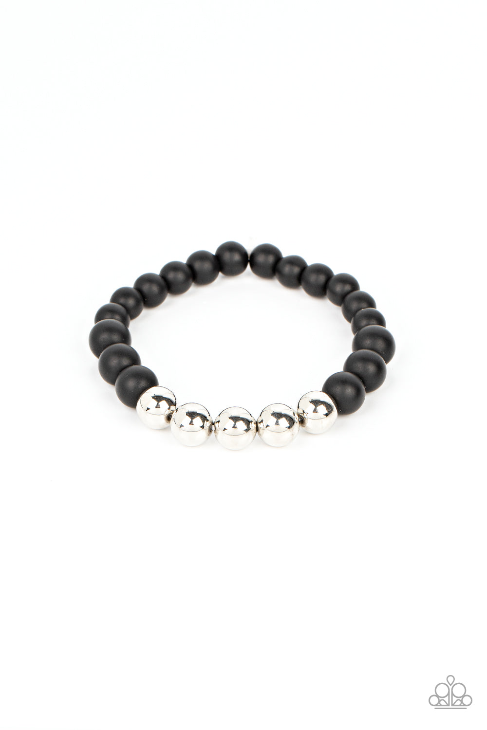 Paparazzi Accessories - METALHEAD in The Clouds - Black Bracelets a section of silver beads joins polished black stone beads along stretchy bands around the wrist, resulting in a metallic edge.  Sold as one individual bracelet.