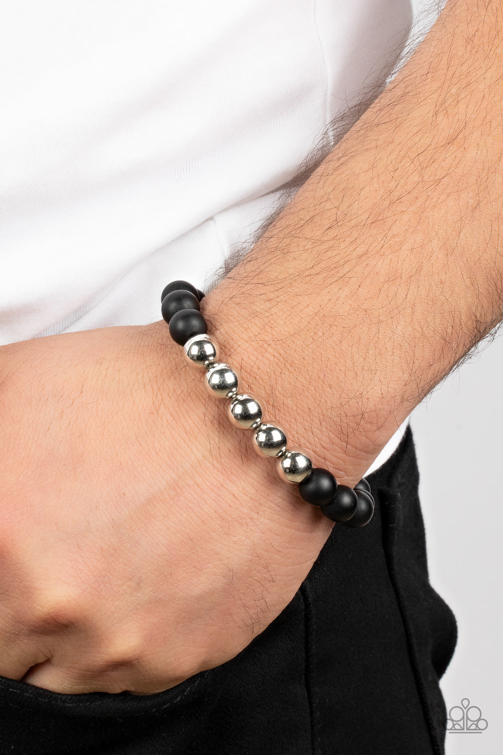 Paparazzi Accessories - METALHEAD in The Clouds - Black Bracelets a section of silver beads joins polished black stone beads along stretchy bands around the wrist, resulting in a metallic edge.  Sold as one individual bracelet.