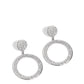 Paparazzi Accessories - GLOW You Away - White Earrings encrusted in rows of glassy white rhinestones, a flat silver hoop swings from the bottom of a white rhinestone dotted silver frame for a statement-making finish. Earring attaches to a standard post fitting.  Sold as one pair of post earrings.