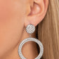 Paparazzi Accessories - GLOW You Away - White Earrings encrusted in rows of glassy white rhinestones, a flat silver hoop swings from the bottom of a white rhinestone dotted silver frame for a statement-making finish. Earring attaches to a standard post fitting.  Sold as one pair of post earrings.